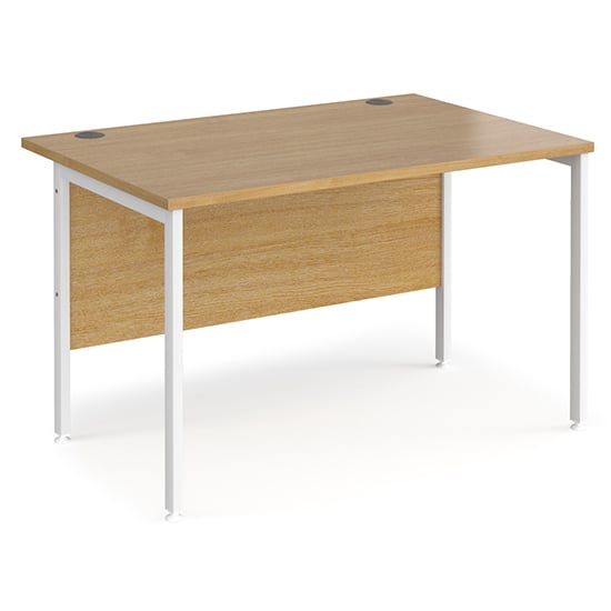Photo of Melor 1200mm h-frame wooden computer desk in oak and white
