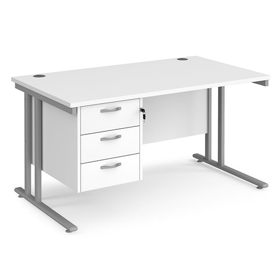 Melor 1400mm Cantilever 3 Drawers Computer Desk In White Silver