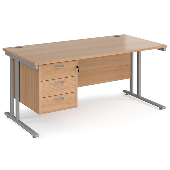 Melor 1600mm Cantilever 3 Drawers Computer Desk In Beech Silver