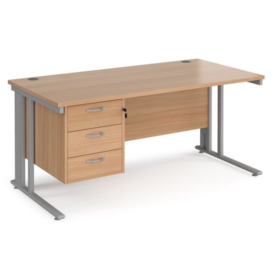 Melor 1600mm Computer Desk In Beech And Silver With 3 Drawers