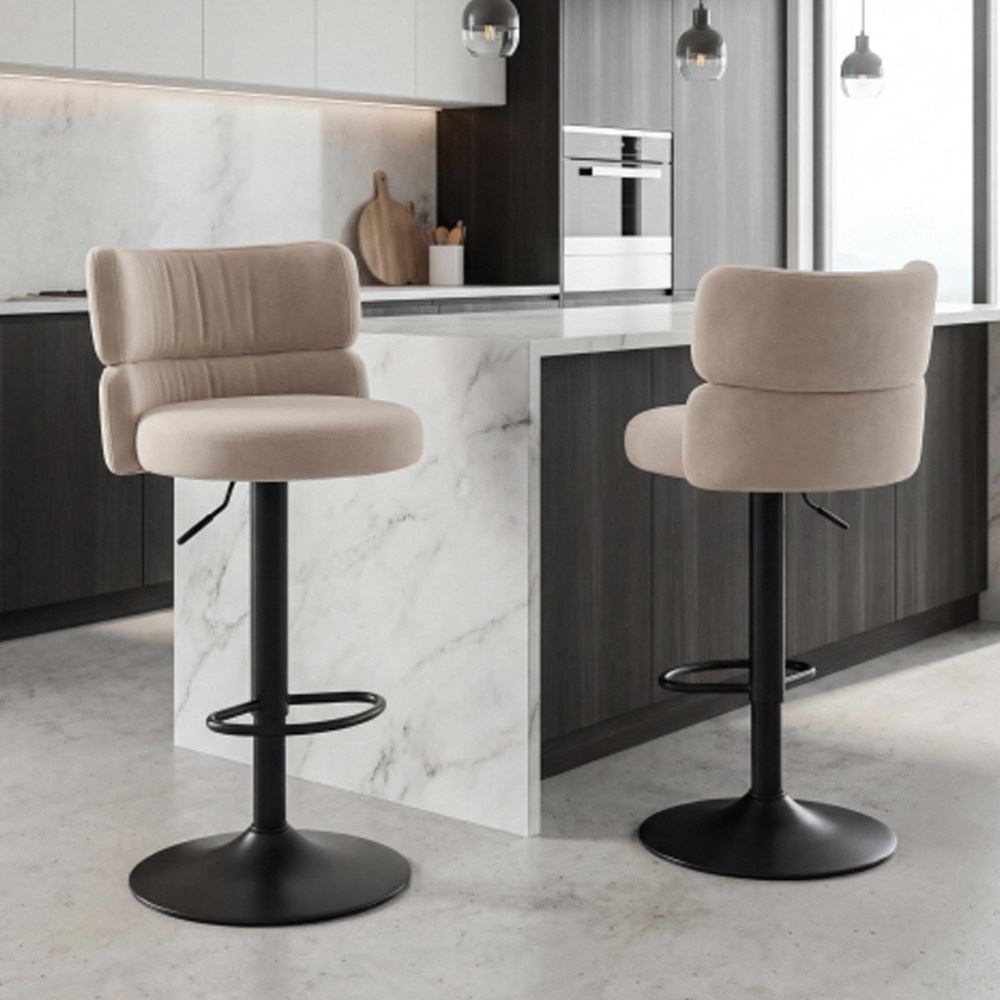 Melrose Cream Velvet Bar Stools with Black Base in Pair