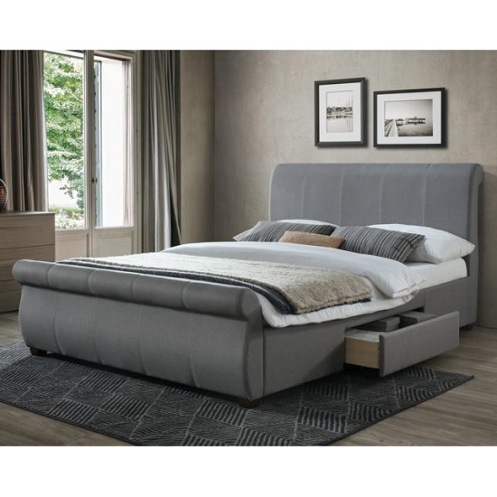 Photo of Melrose fabric king size bed in grey with 2 drawers