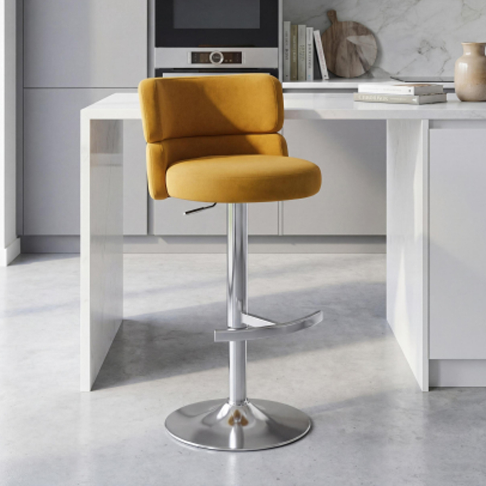 Melrose Mustard Velvet Bar Stools with Chrome Base in Pair