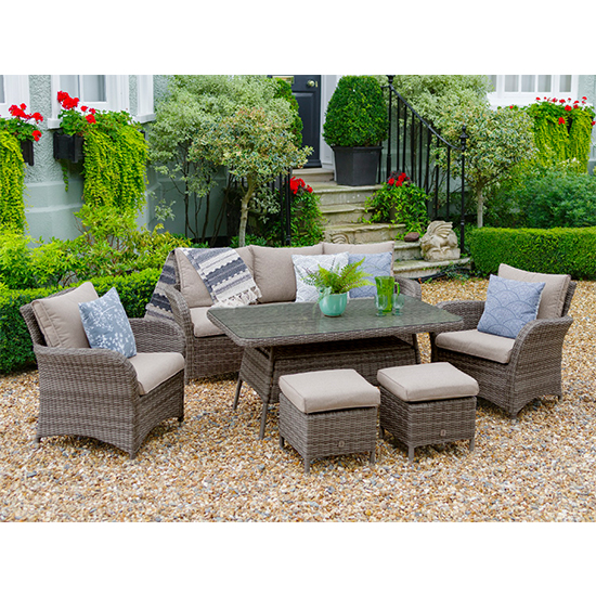 Meltan Outdoor Lounge Dining Set With Footstool In Oak Furniture in