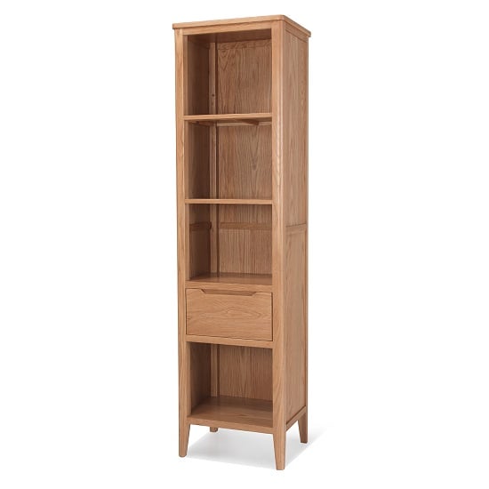 Read more about Melton wooden bookcase narrow in natural oak with 1 drawer