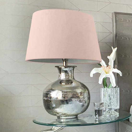 Photo of Melvin drum-shaped pink shade table lamp with nickel base
