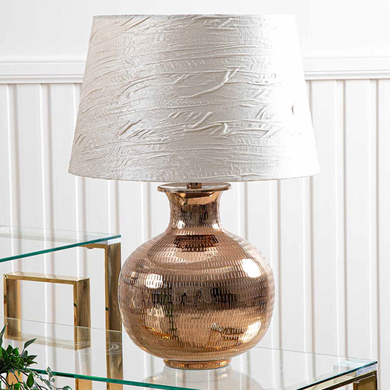 Photo of Melvin drum-shaped white shade table lamp with gold base