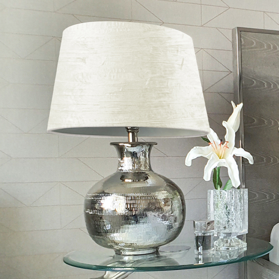 Photo of Melvin drum-shaped white shade table lamp with nickel base