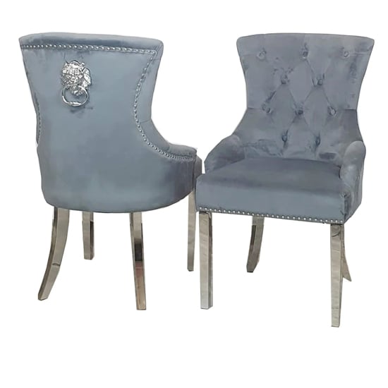 Product photograph of Melvin Lion Knocker Dark Grey Velvet Dining Chairs In Pair from Furniture in Fashion