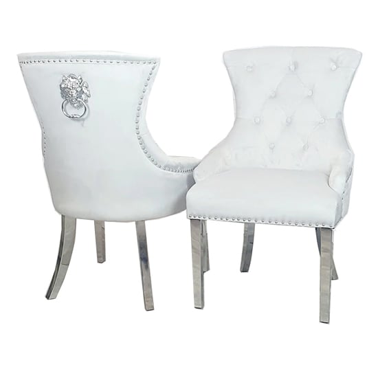 Product photograph of Melvin Lion Knocker Light Grey Velvet Dining Chairs In Pair from Furniture in Fashion