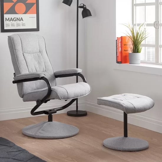Product photograph of Memphian Fabric Swivel Chair And Footstool In Grey from Furniture in Fashion