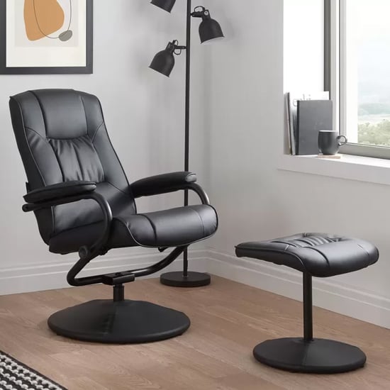 Product photograph of Memphian Faux Leather Swivel Chair And Footstool In Black from Furniture in Fashion