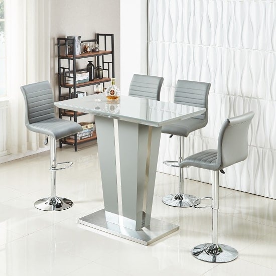 Product photograph of Memphis Glass Grey High Gloss Bar Table 4 Ripple Grey Stools from Furniture in Fashion