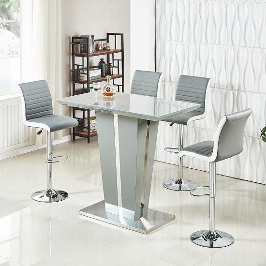 Photo of Memphis glass grey high gloss bar table 4 ritz grey white stool