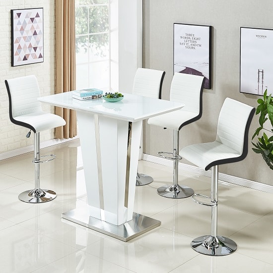 Photo of Memphis glass white gloss bar table 4 ritz white black stools