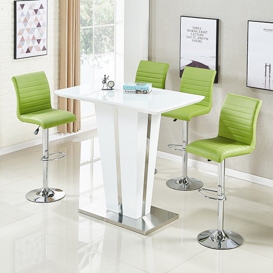 Photo of Memphis glass white high gloss bar table 4 ripple green stools