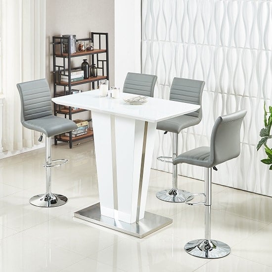 Photo of Memphis glass white high gloss bar table 4 ripple grey stools