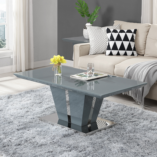 Product photograph of Memphis High Gloss Coffee Table In Grey With Glass Top from Furniture in Fashion