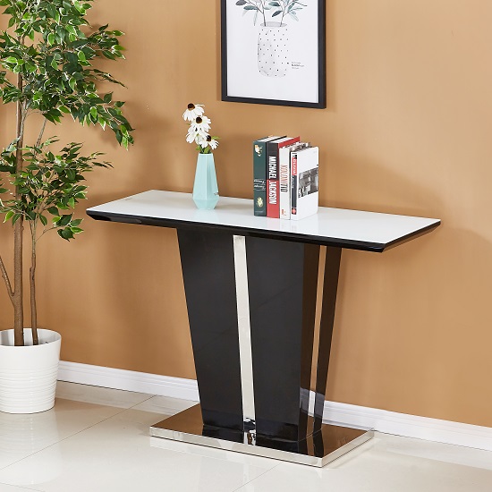 Read more about Memphis glass console table in white with black high gloss