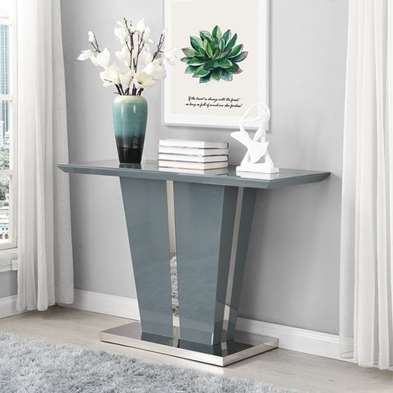 Photo of Memphis high gloss console table in grey with glass top