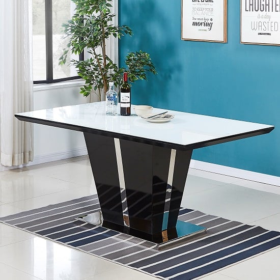 Memphis White Glass Dining Table In Gloss Black And Chrome Base