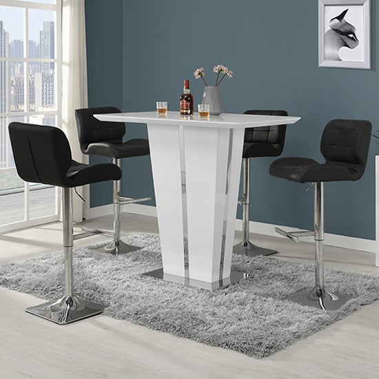Read more about Memphis glass white gloss bar table 4 candid black stools