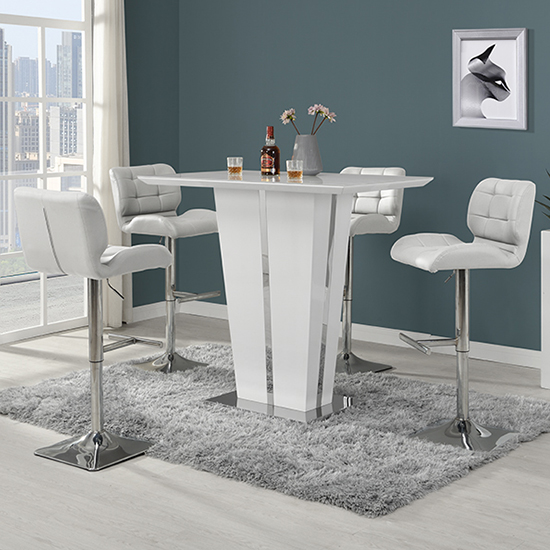 Memphis Glass White High Gloss Bar Table 4 Candid Grey Stools