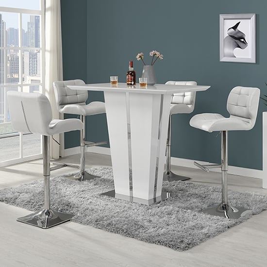 Memphis Glass White High Gloss Bar Table 4 Candid White Stools