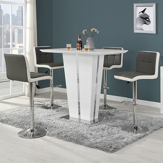 Read more about Memphis glass white gloss bar table 4 copez grey white stools