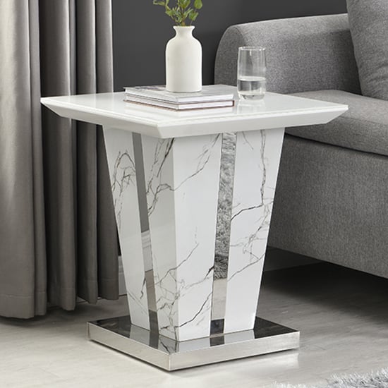 Read more about Memphis gloss lamp table in vida marble effect with glass top