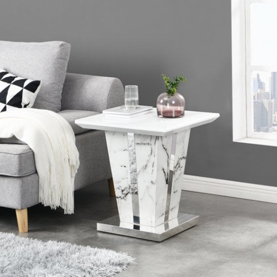 Photo of Memphis gloss lamp table in diva marble effect with glass top