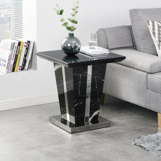 Product photograph of Memphis Gloss Lamp Table In Milano Marble Effect With Glass Top from Furniture in Fashion