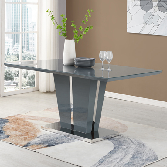 Memphis Large Grey Gloss Dining Table 6 Petra Grey White Chairs