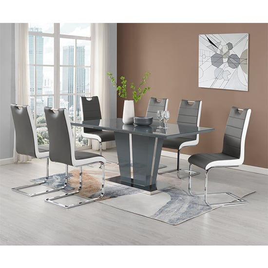 Product photograph of Memphis Large Grey Gloss Dining Table 6 Petra Grey White Chairs from Furniture in Fashion