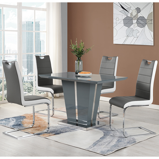 Photo of Memphis small grey gloss dining table 4 petra grey white chairs