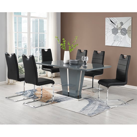 Memphis Large Grey Gloss Dining Table With 6 Petra Black Chairs