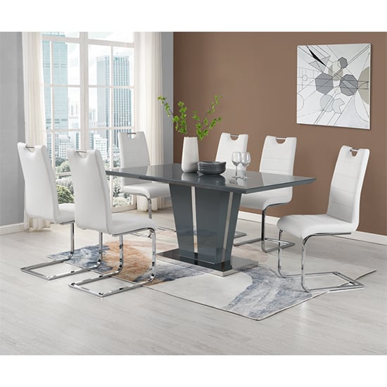 Photo of Memphis large grey gloss dining table with 6 petra white chairs