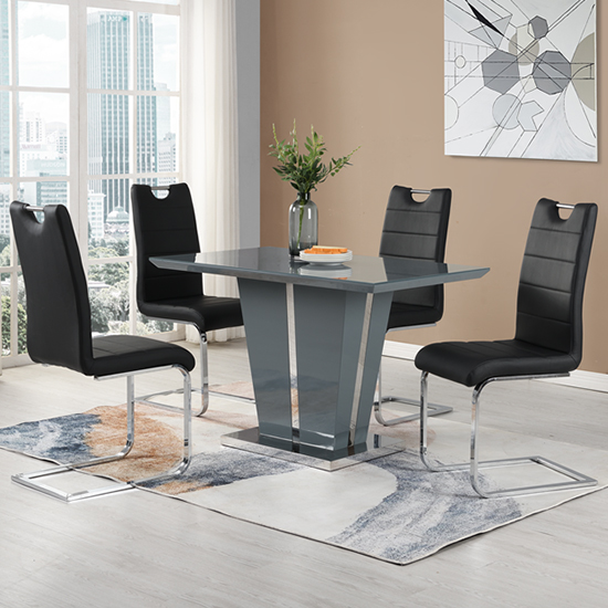 Read more about Memphis small grey gloss dining table with 4 petra black chairs