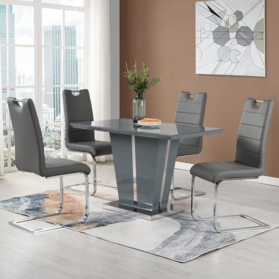 Photo of Memphis small grey gloss dining table with 4 petra grey chairs