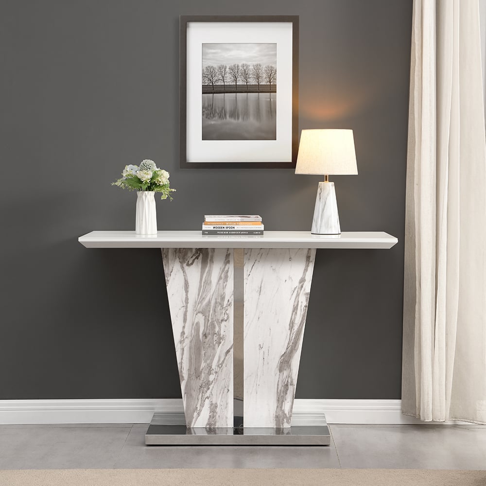Memphis High Gloss Console Table In Filo Marble Effect Glass Top