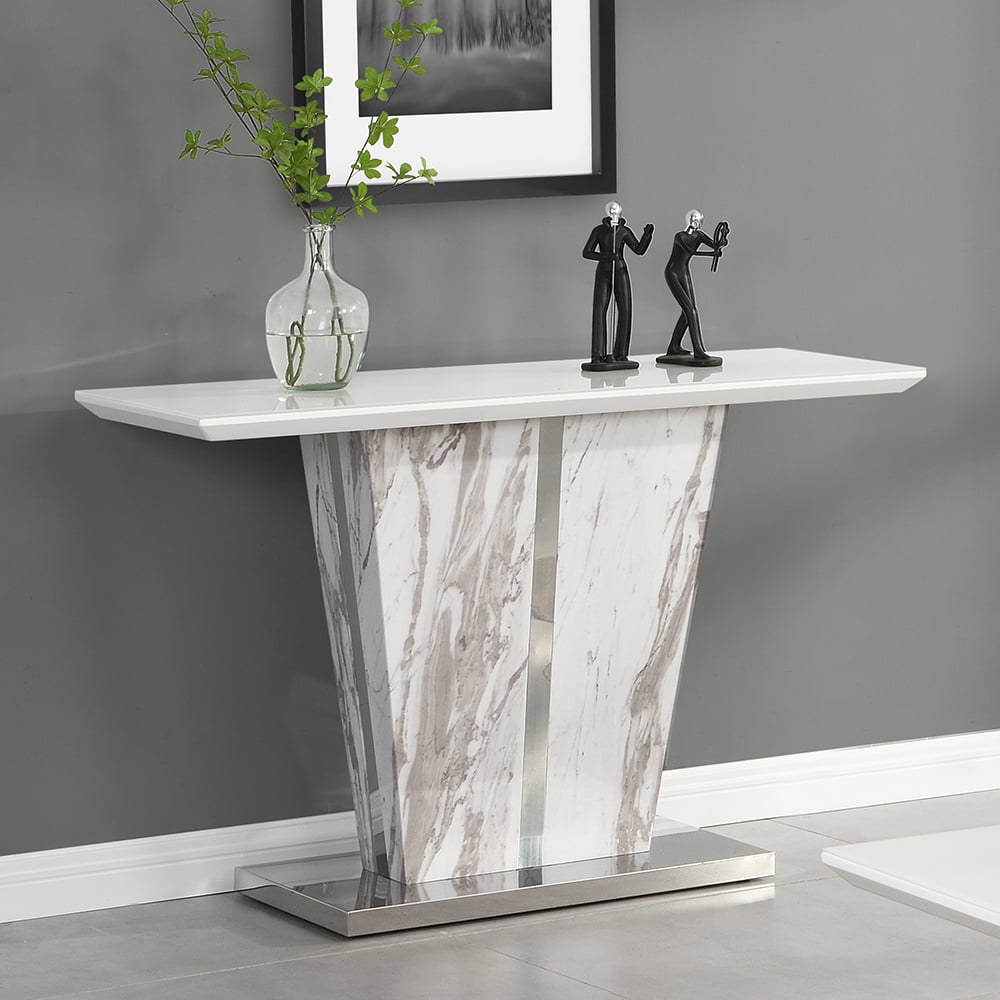 Memphis High Gloss Console Table In Filo Marble Effect Glass Top