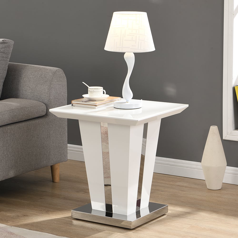 Read more about Memphis high gloss lamp table in white with glass top