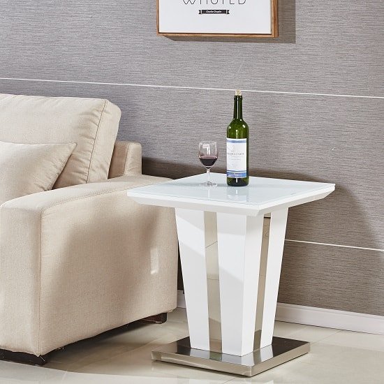 Product photograph of Memphis High Gloss Lamp Table In White With Glass Top from Furniture in Fashion