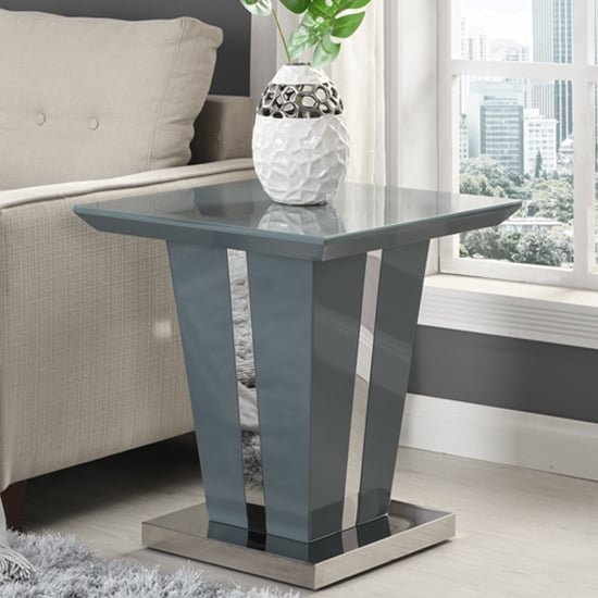 Product photograph of Memphis High Gloss Lamp Table In Grey With Glass Top from Furniture in Fashion