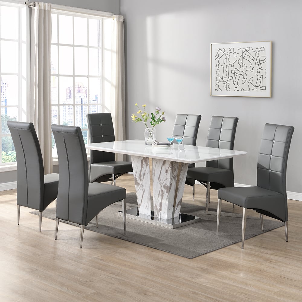 Read more about Memphis large filo effect dining table 6 vesta grey chairs
