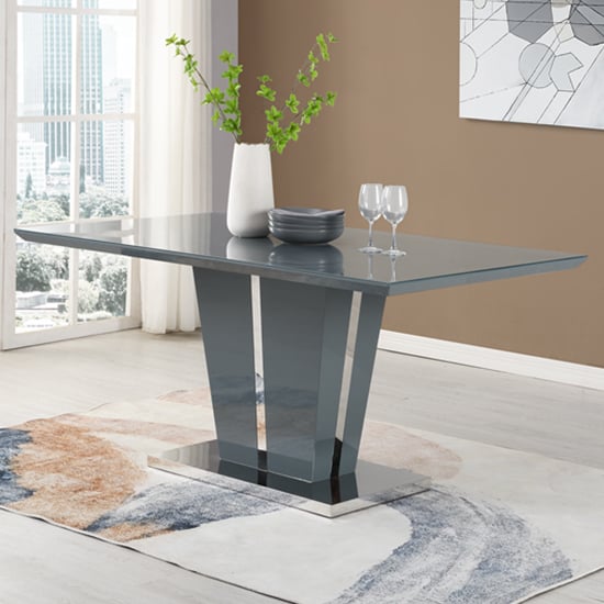 Photo of Memphis large high gloss dining table in grey with glass top