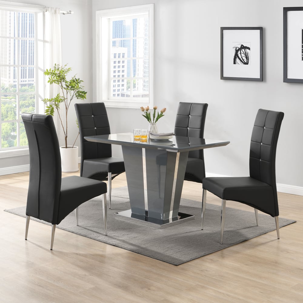 Read more about Memphis small grey gloss dining table with 4 vesta black chairs