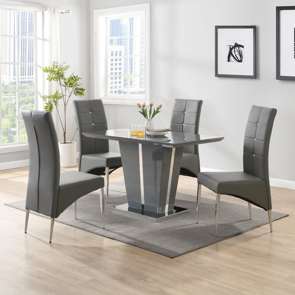 Read more about Memphis small grey gloss dining table with 4 vesta grey chairs