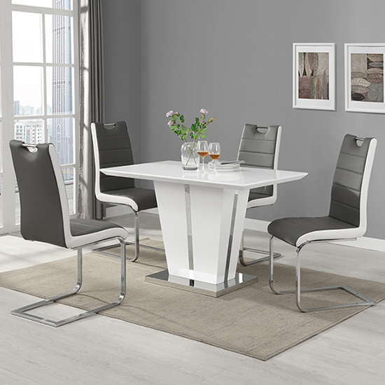 Photo of Memphis small white gloss dining table 4 petra grey chairs