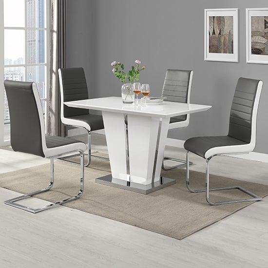 Read more about Memphis small white gloss dining table 4 symphony grey chairs